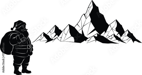 gift sack and jagged mountain range, festive Christmas icon, black and white winter vector illustration, holiday journey scene, seasonal design