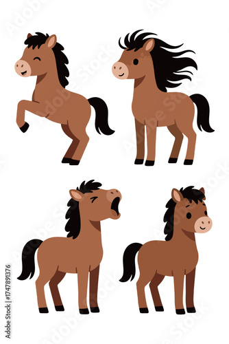 Set of cute horse cartoon characters. Collection of adorable brown horses and ponies in various poses: rearing, standing, and yawning. Funny farm or wild animal vector illustrations.
