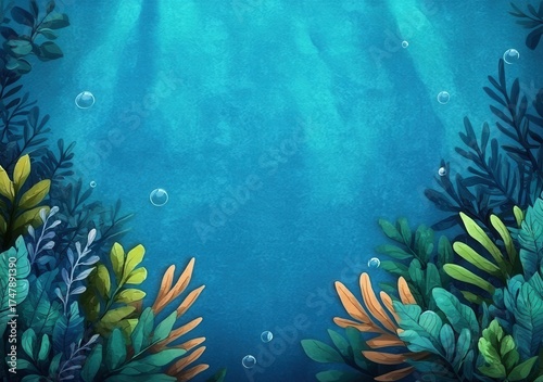 Underwater Scene with Lush Greenery and Bubbles in Blue Water