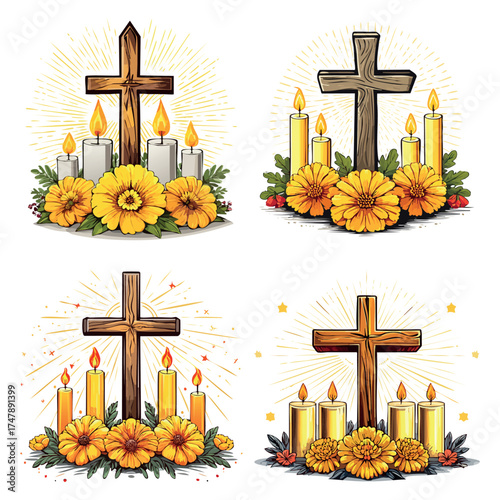 Christian Cross with Candles and Flowers — Faith and Hope Vector Illustration