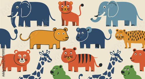 Playful animal pattern featuring elephants tigers giraffes and bears in bright colors