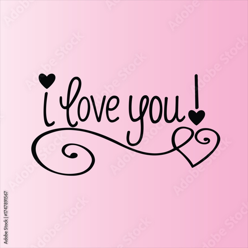 Romantic calligraphy lettering "I love you!" with hearts on soft pink gradient background vector.