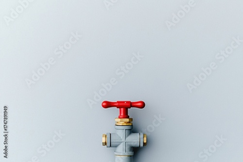 Red Valve and Gray Pipe Fitting on Pale Background for Industrial Use