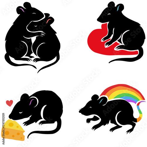 Set of four black rat silhouettes in various cute poses — hugging, sitting on a heart, eating cheese, and with a rainbow tail — representing love, diversity, and joy in minimalist vector style.