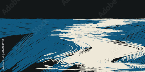 Hand drawn brush lines abstract flowing river background, Japanese and ethnic wood carving, block print texture graphic for textile, carpet, decoration.