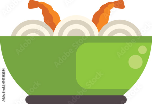 Green bowl with noodles and two shrimps is standing on a surface, serving a traditional asian food recipe
