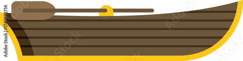 Simple vector illustration of a small wooden rowing boat floating on water with oars on it