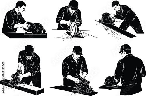 Circular saw operation, woodworking safety, construction worker, power tool usage, cutting wood, carpentry technique, industrial work, DIY project, tool handling, precision cutting