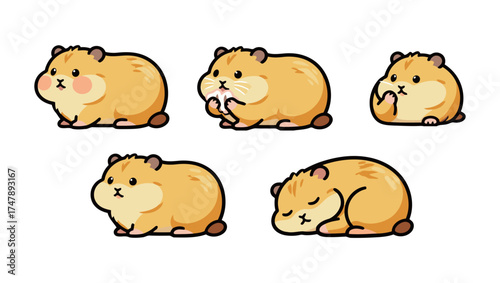 Adorable cartoon set of chubby golden hamster in various poses: sitting, eating, sleeping, and hiding food, vector illustration for pet themes.