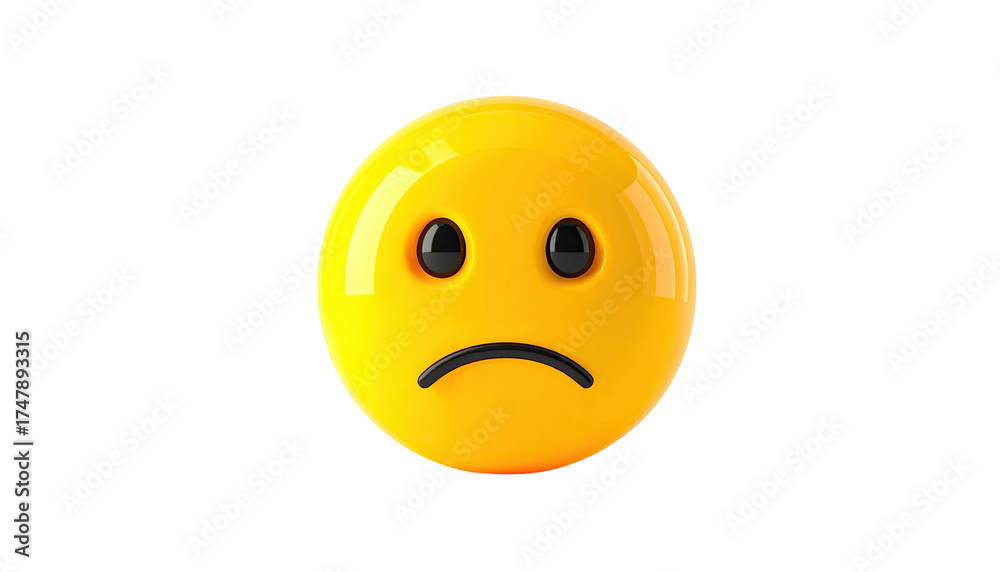 Fototapeta premium A 3D-rendered, glossy, yellow emoji with a downturned mouth and sad eyes