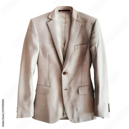 Elegant beige suit jacket hanging ready for a formal event or business meeting attire
