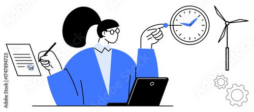 Person with glasses working on laptop, holding document, pen, clock, wind turbine, gear icons. Ideal for business, productivity, sustainability technology workflow time management simple landing