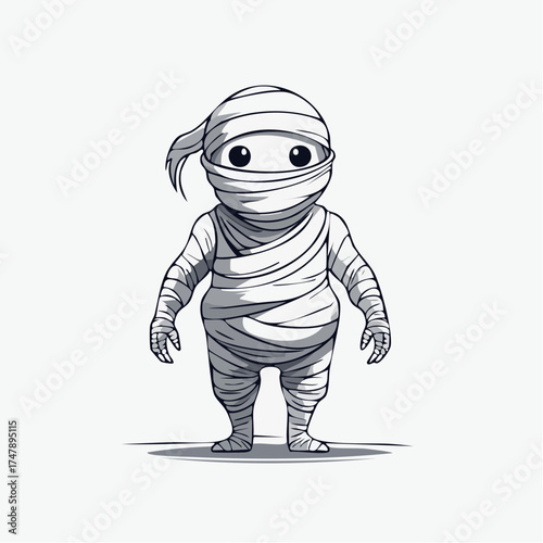 A funny vector cartoon illustration of a child in an mummy costume depicted as a comic book character for Halloween fun