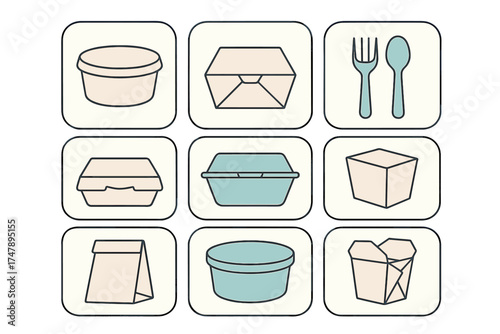 Assortment of disposable food containers, takeout boxes, paper bags, and plastic cutlery icons