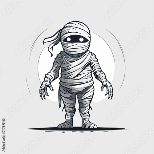 A funny vector cartoon illustration of a child in an mummy costume depicted as a comic book character for Halloween fun