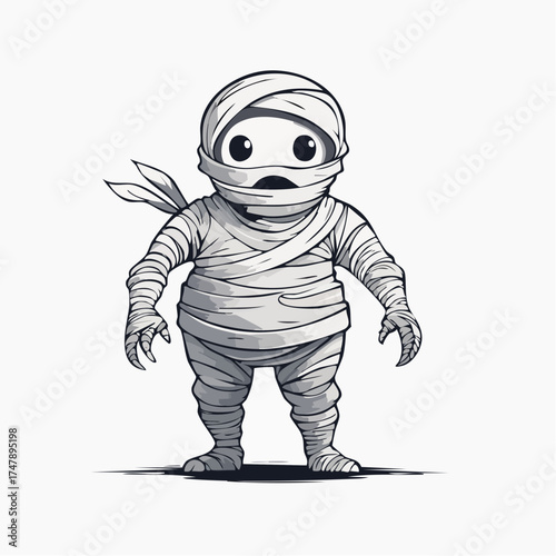 A funny vector cartoon illustration of a confuse child in an mummy costume depicted as a comic book character for Halloween fun