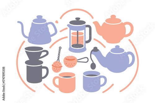 Collection of coffee and tea brewing equipment including teapots, French press, pour-over, and mugs