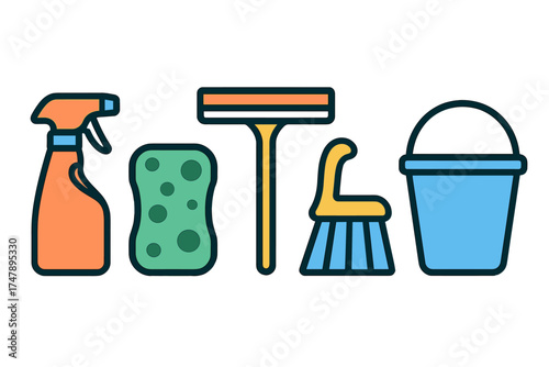 Colorful collection of essential cleaning supplies and tools for household sanitation