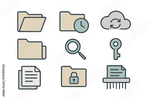 Collection of icons illustrating digital data security, cloud storage, and document management concepts