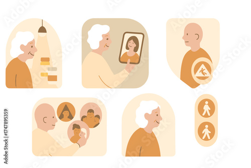 Visual concepts showing older adults communicating online and symbols for health and mobility