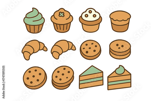 Set of sweet baked goods and dessert icons for menus and food design