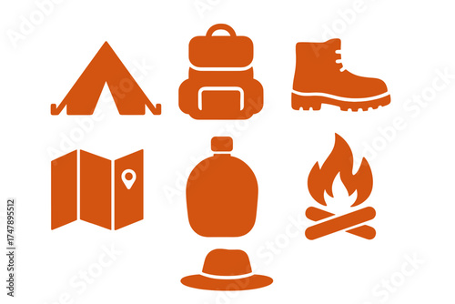 Essential outdoor adventure and camping equipment symbols: tent backpack boot map and campfire