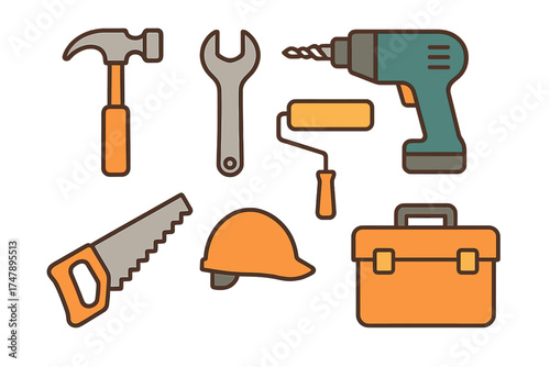 Set of essential construction and repair tools including hammer wrench drill and saw icons