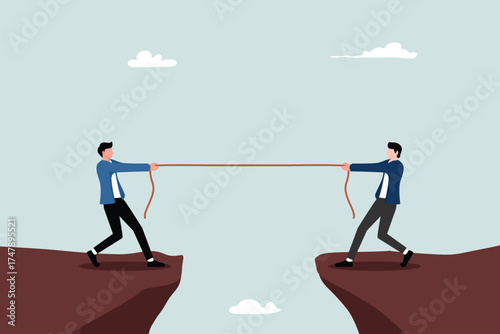 The concept of business competition, two businessmen in suits pulling a rope on the edge of a cliff, a symbol of rivalry, competition, conflict in business.