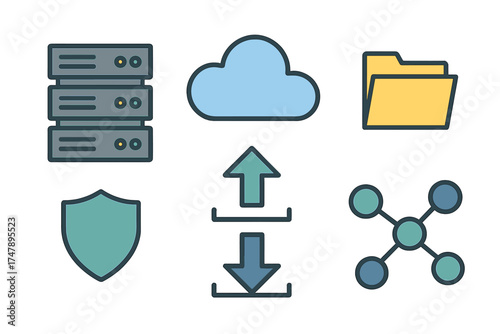 Flat line symbols showing cloud storage, server racks, data security, and network connections