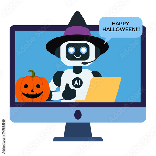 AI robot in a witch hat sitting inside a computer screen, celebrating Halloween with a pumpkin and a laptop. The robot gives a thumbs up gesture. Perfect for tech themed Halloween promotions, online