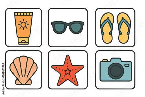 Colorful summer vacation and beach essentials: sunscreen, sunglasses, flip flops, starfish, and seashell