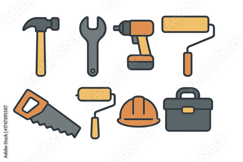 Essential construction and home improvement tools set including hammer, wrench, drill, and saw