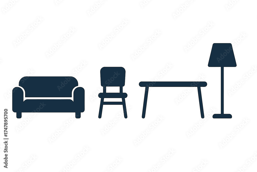 Obraz premium Minimalist set of home furnishings including a couch chair table and floor lamp silhouettes