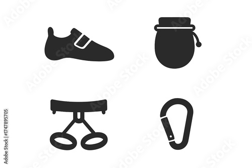Essential rock climbing gear silhouettes set: shoe, chalk bag, harness, and carabiner