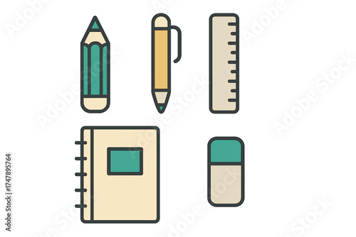 Essential collection of school and office supplies including pencil, pen, ruler, notebook, and eraser icons