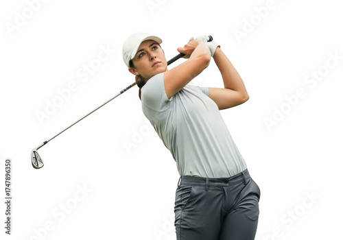 Woman golfer swinging club isolated on transparent background