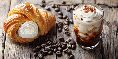 Delicious Croissant and Iced Coffee with Whipped Cream on Rustic Wood