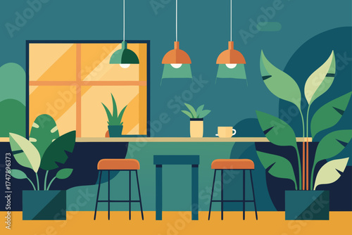 Interior view with plants stools and hanging lamps