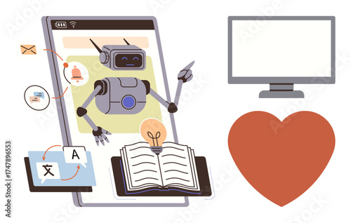 Robot interacting with open book, translation tools, light bulb, and screen. Heart shape symbolizes connection. Ideal for AI, education, translation, technology innovation learning creativity in