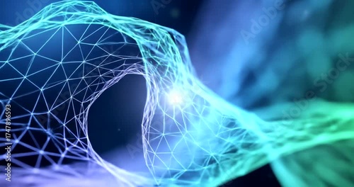 Interconnected glowing digital network with bright light in center.