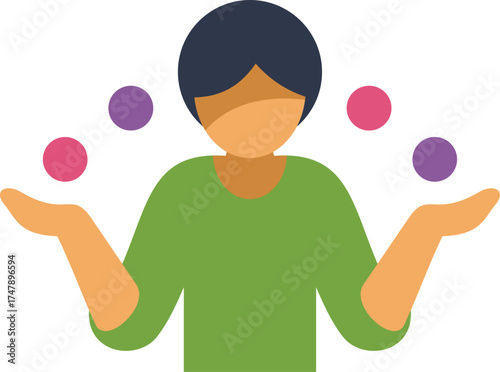Person juggling colorful balls, symbolizing multitasking, time management, and organization skills