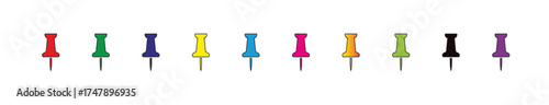 Pin Tack Multiple Colors. Colorful pushpins illustration set in red, blue, and yellow colors on a white background. Set of colorful push pins. Office stationery icons in multiple colors, ideal, vector