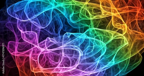 Vivid rainbow colored smoke swirls and flows abstractly against a black background.