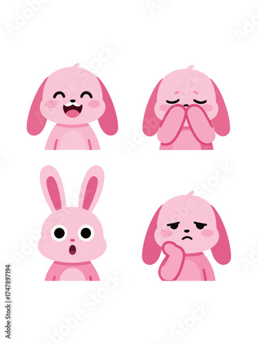 Cute cartoon set of a pink rabbit or bunny character with different head expressions: happy, shy, surprised, and thinking sadly, vector illustration.