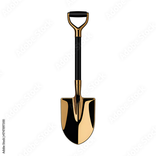 A luxurious golden shovel with a black handle isolated on a transparent background