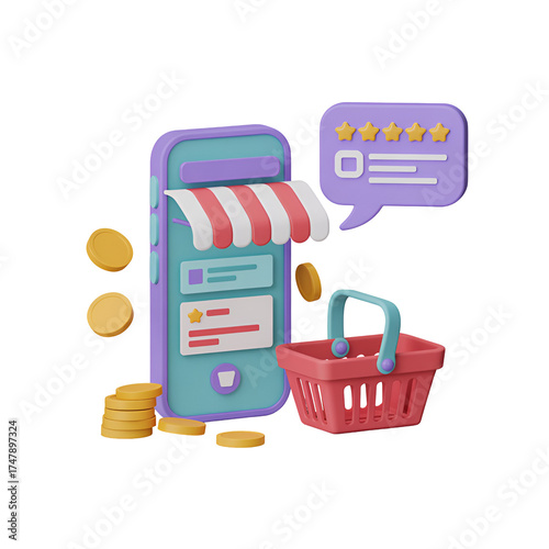 Online shopping concept with smartphone, shopping basket, coins, and review isolated on transparent background