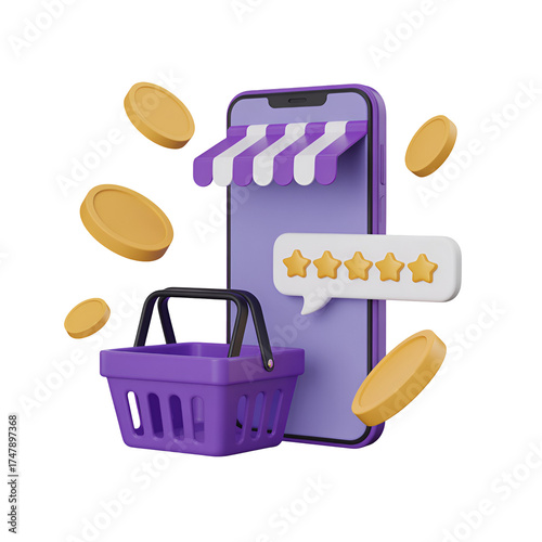Purple shopping basket and smartphone with awning, coins, and star rating, isolated on transparent background