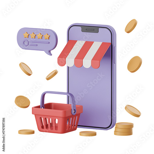 Online shopping concept with a smartphone, shopping basket, coins, and a star rating, isolated on transparent background
