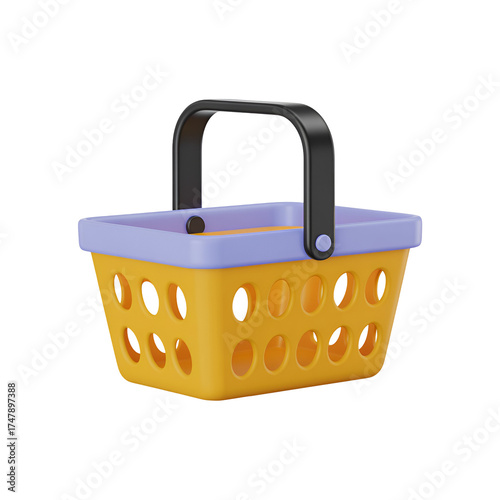 A yellow and purple shopping basket with a black handle, isolated on a transparent background