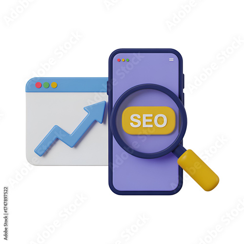 Seo analysis on a smartphone with a growth chart on a browser window, isolated on transparent background